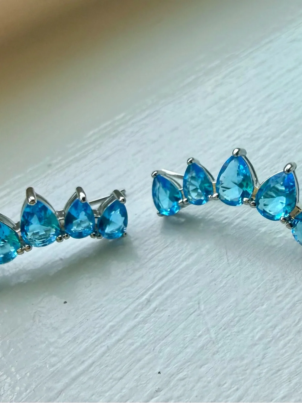 NEW!! 14k White Gold Plated Blue Teardrop Crystal Ear Climbers/Crawlers